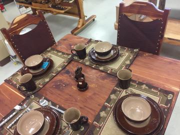 square cedar table with dinnerware