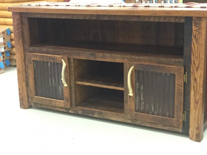 barnwood entertainment center with tin